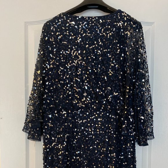 Maya Deluxe Curve delicate sequin wrap midi pencil dress in navy - Picture 6 of 8